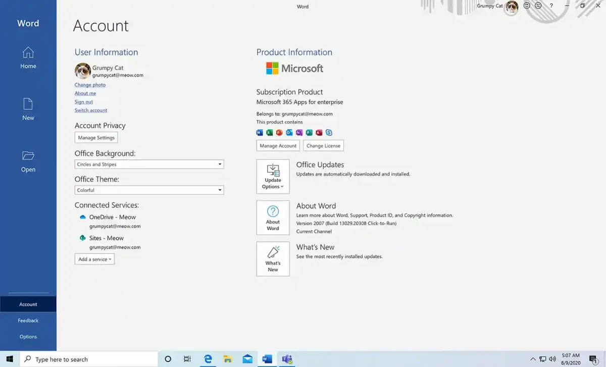 Screenshot of Office 365 account settings showing activated Microsoft 365 Apps for Enterprise license