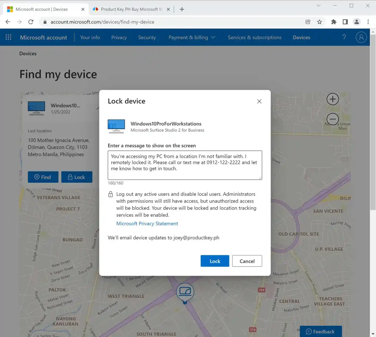 Windows 10 Pro for Workstations retail license tracking feature shown in Microsoft account, displaying real-time device location in Quezon City, Philippines.