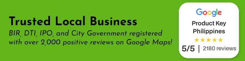 Banner highlighting Product Key Philippines as a trusted local business, showing its government registrations and 5-star Google review rating.