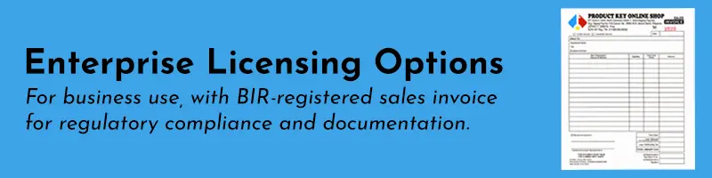 Banner for Product Key Philippines' business services, showing enterprise license options and the issuance of BIR-registered invoices.