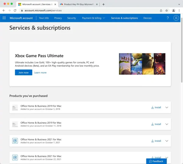 Microsoft Office 2021 Home and Business for Mac shown in Microsoft account subscription dashboard. Confirming retail license with lifetime activation.