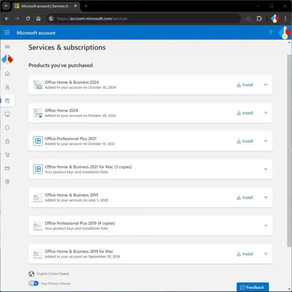 Microsoft Office Home and Business 2024 retail license with lifetime activation. Displayed under Microsoft account services and subscriptions.