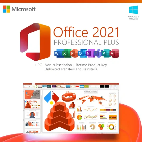 Microsoft Office Professional Plus 2021 for 1 PC. Includes Word, Excel, PowerPoint, and Outlook with lifetime retail license.
