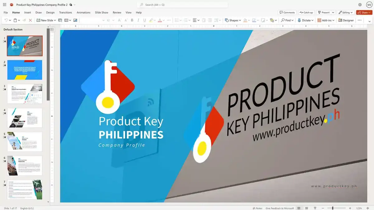 Microsoft PowerPoint desktop interface showing an open presentation. Genuine PowerPoint license with offline installation and online access for personal use in the Philippines.