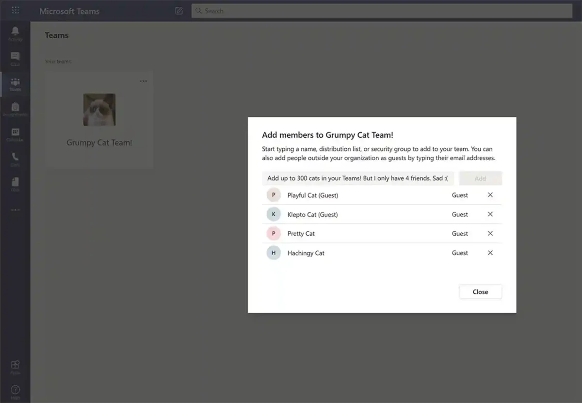 Microsoft Teams interface showing team creation and member management. Included with a genuine Microsoft Teams subscription in Office 365.