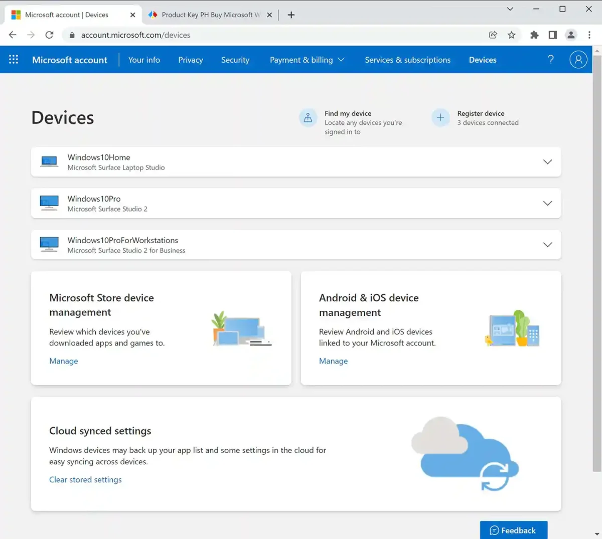 The Microsoft account devices dashboard used to manage all licensed Windows 10 products and other connected devices.