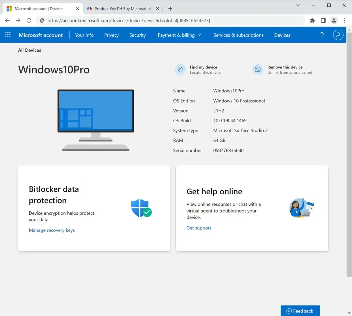 The Microsoft account dashboard showing a registered license for Windows 10 Pro and its online security features.
