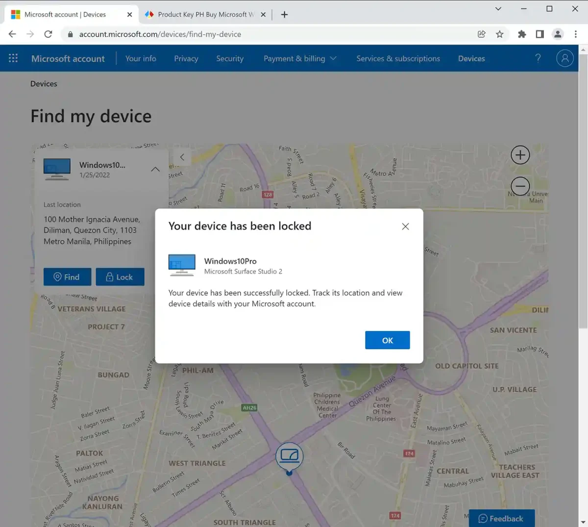 Confirmation screen showing that a device with Windows 10 Pro has been successfully locked remotely for security.