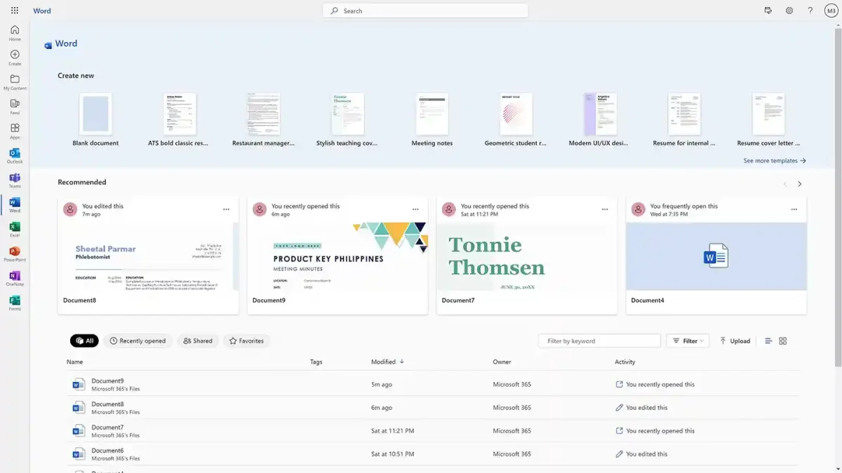 Microsoft Word desktop interface showing templates and recent files. Genuine Microsoft Word license with offline and online access for personal use in the Philippines.
