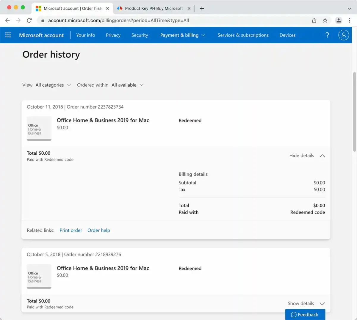 Office Home & Business 2019 for Mac license purchase record shown in the Microsoft account's official Order History page.