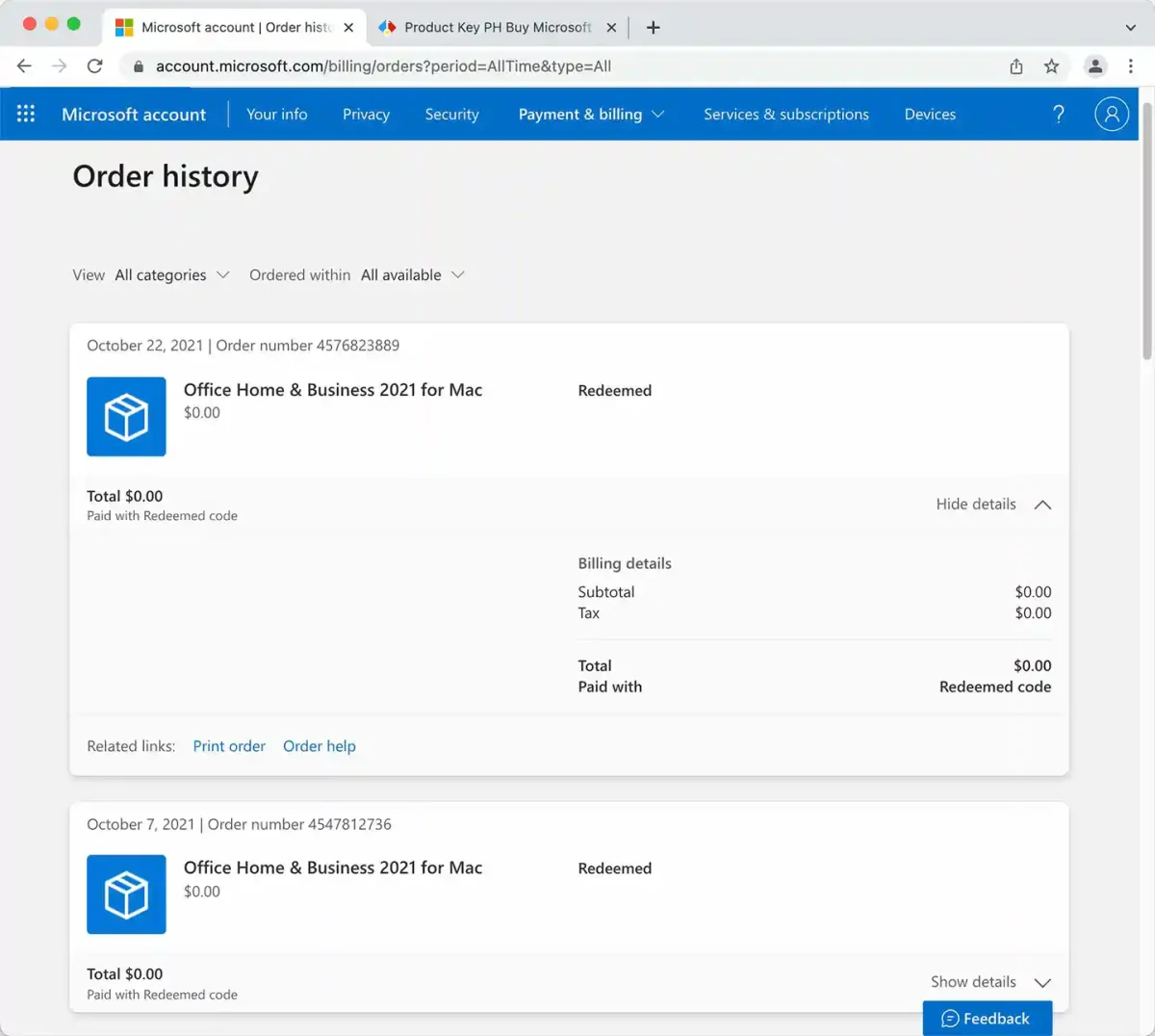 Office Home & Business 2021 for Mac license purchase record shown in the Microsoft account's official Order History page.