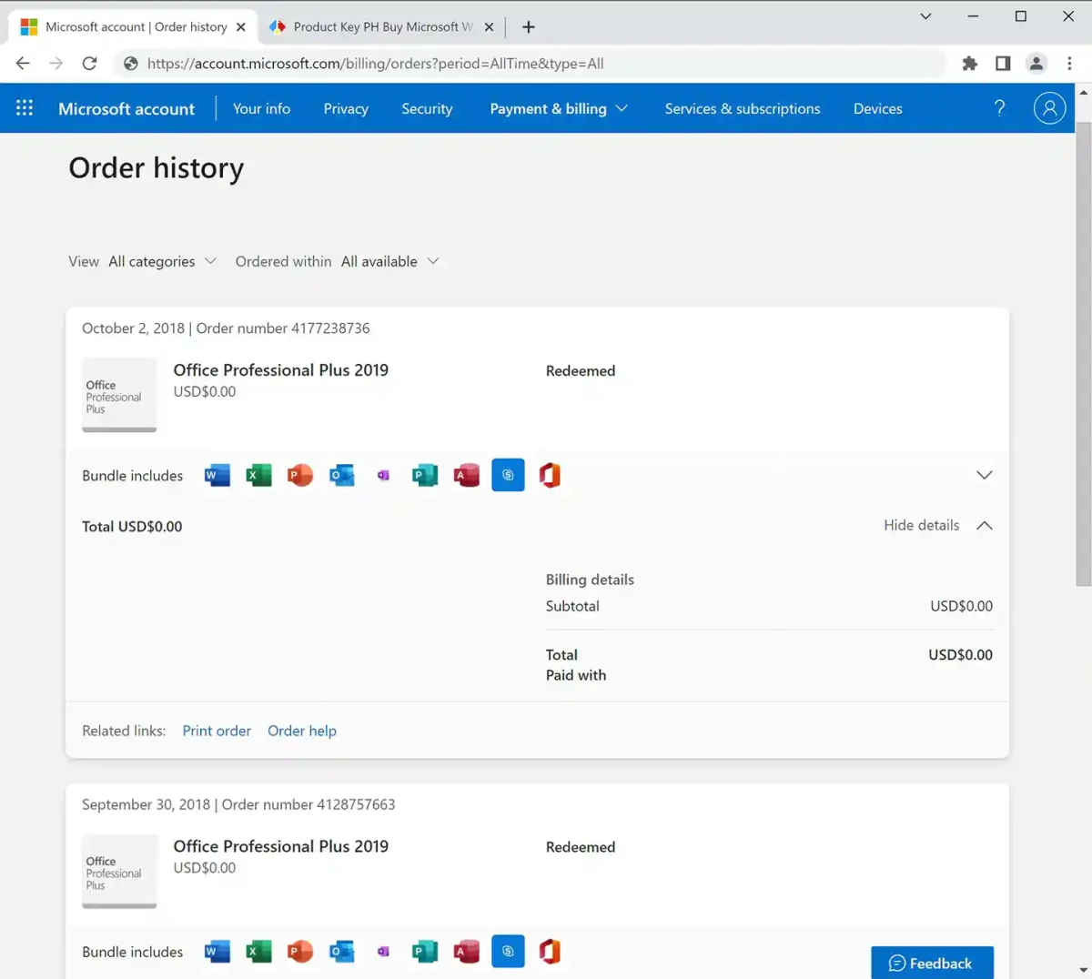 Office Professional Plus 2019 license purchase record shown in the Microsoft account's official Order History page.