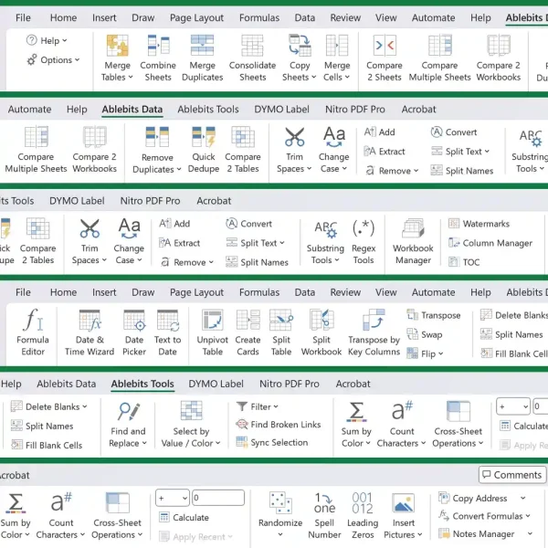 Screenshot showcasing the various time-saving features and tools included in the Ultimate Suite for Excel.