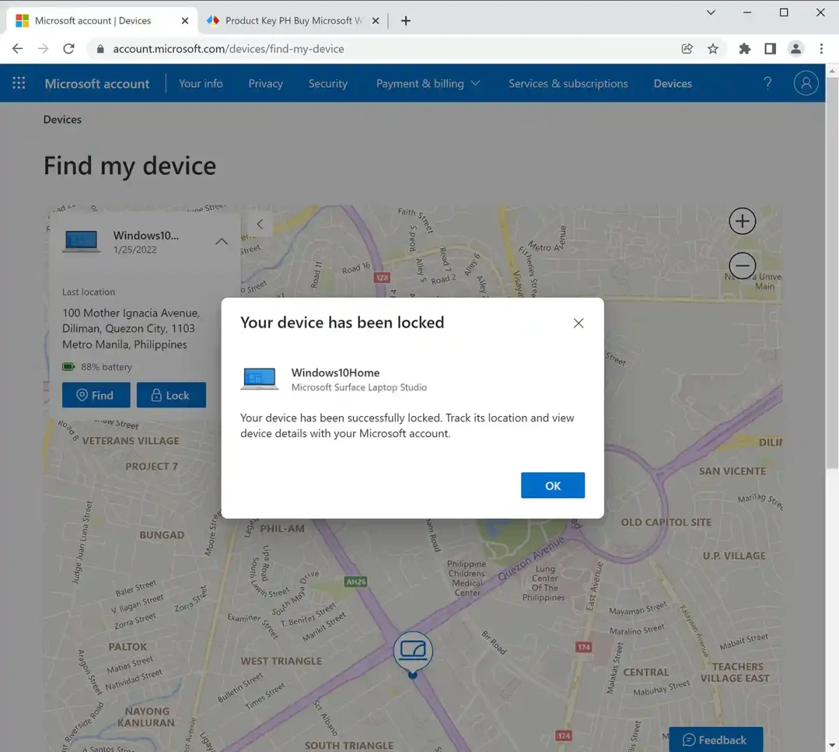 Windows 10 Home retail license showing successful remote device lock confirmation via Microsoft account with device location in the Philippines.