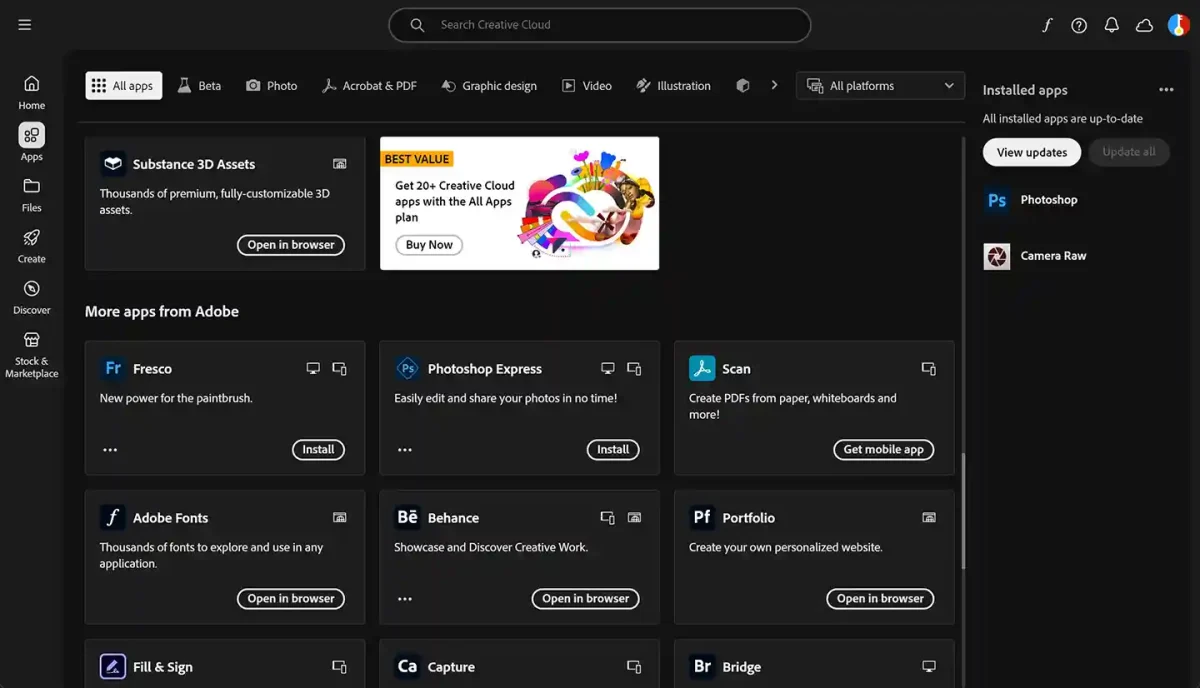 Adobe Creative Cloud services and mobile apps, including Adobe Fonts for typography, Behance for portfolios, and Fresco.