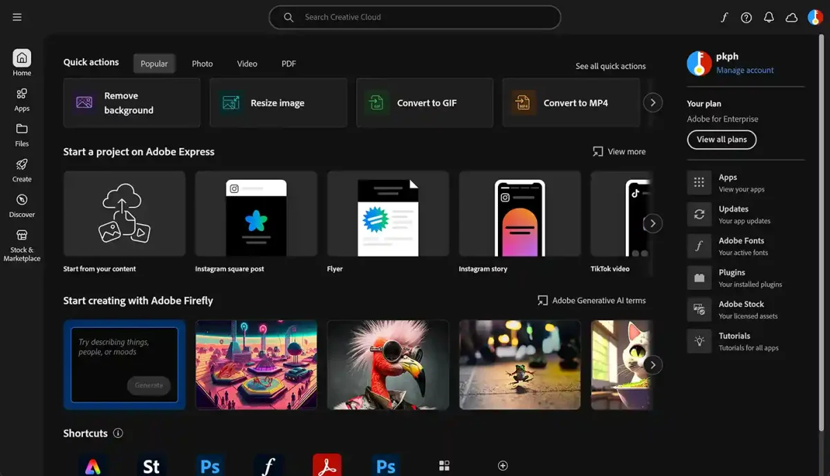 Adobe Creative Cloud for Enterprise dashboard, showing the app homescreen with project management and feature access.
