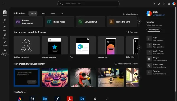 Adobe Creative Cloud for Enterprise dashboard, showing the app homescreen with project management and feature access.