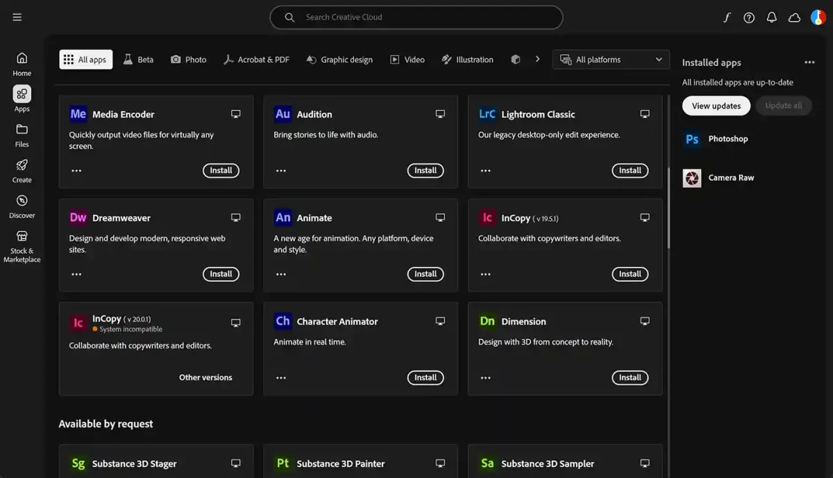 Adobe Creative Cloud production apps with Lightroom for photos, Audition for audio, and Animate for animations.
