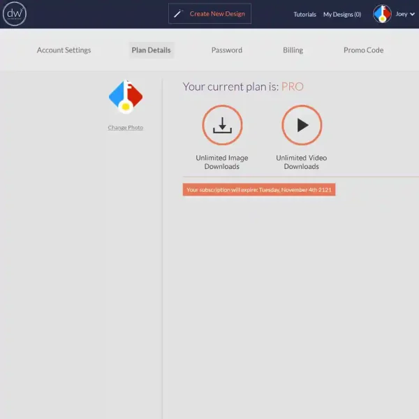 Design Wizard Pro lifetime subscription account dashboard, showing the active and verified lifetime PRO plan details.