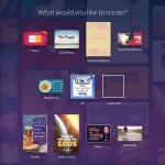 Screenshot of the Design Wizard Pro home screen, showing various options to start a new design, such as videos, social media posts, and documents.