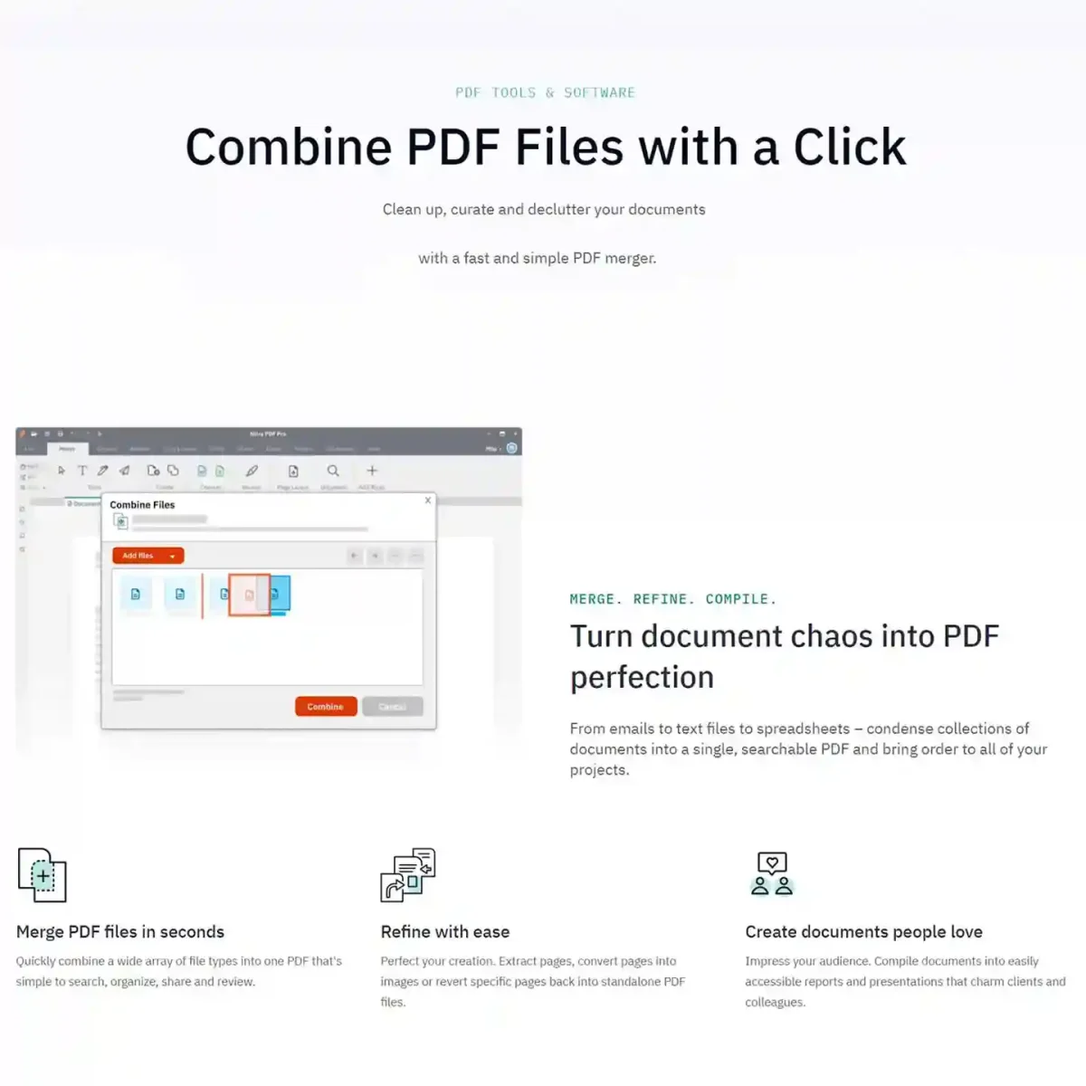 Nitro PDF Pro 14 license showing the feature to combine multiple documents into a single, searchable PDF file.