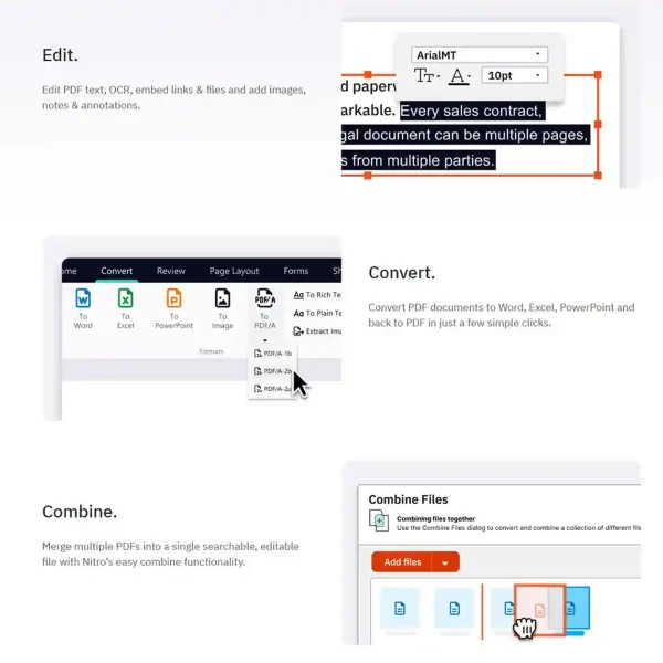 Nitro PDF Pro 14 license showing features to edit PDFs, convert PDFs to Word/Excel, and combine multiple PDF seamlessly.