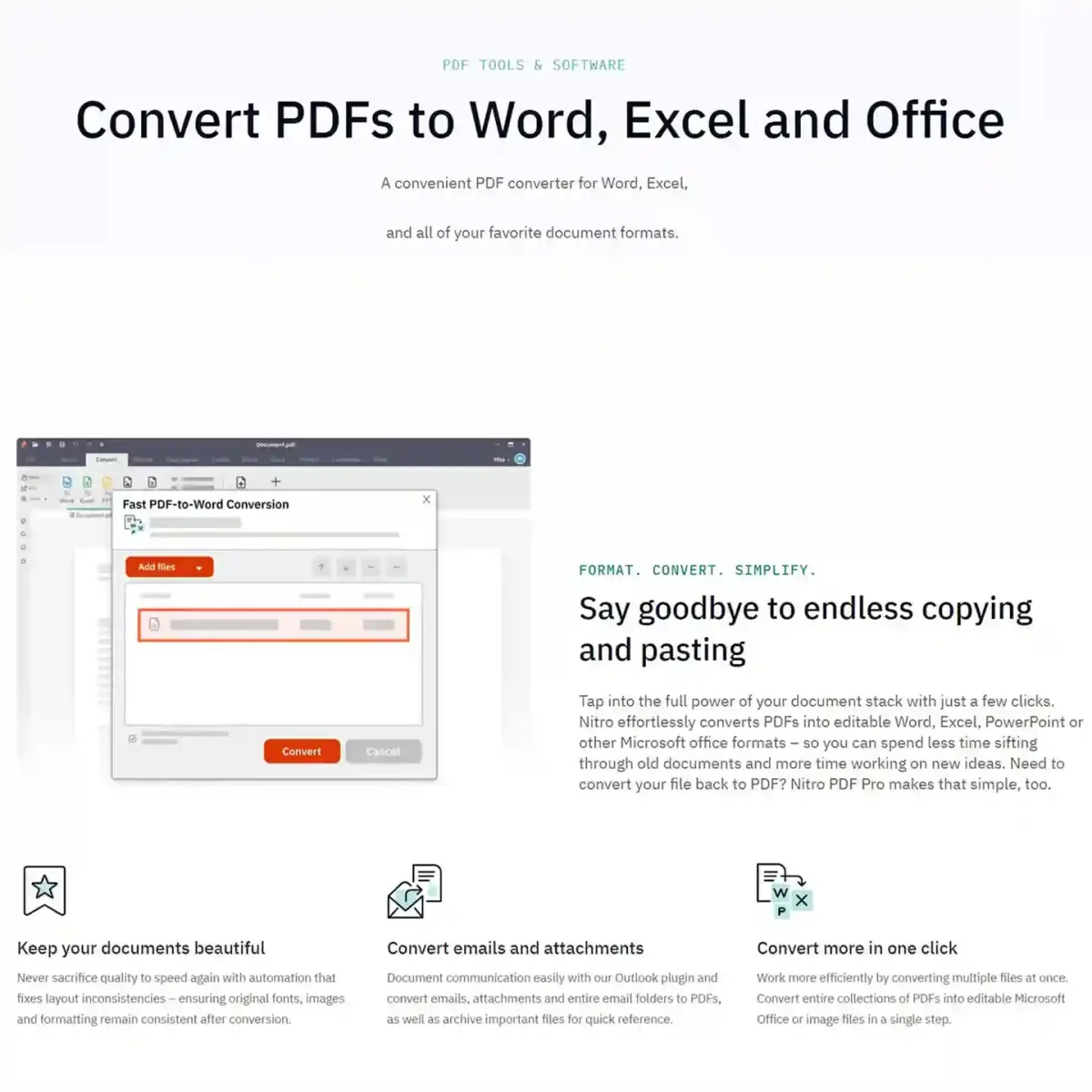 Nitro PDF Pro 14 license showing the feature to convert PDFs into editable Microsoft Word, Excel, and Office documents.