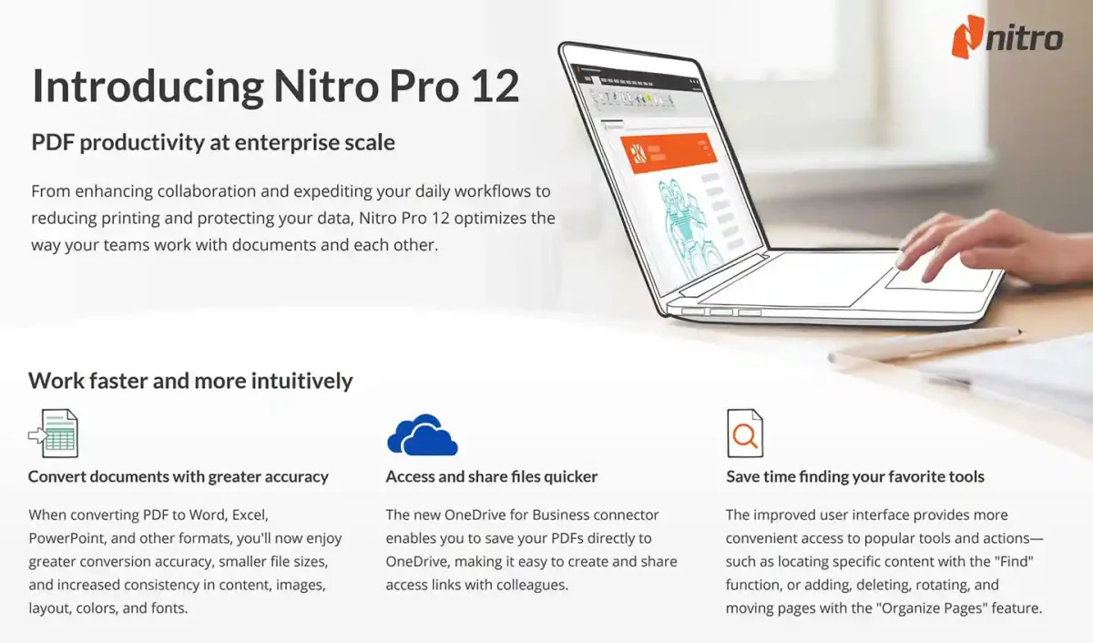 Nitro PDF Pro 12 license features include converting documents with greater accuracy and accessing cloud storage.