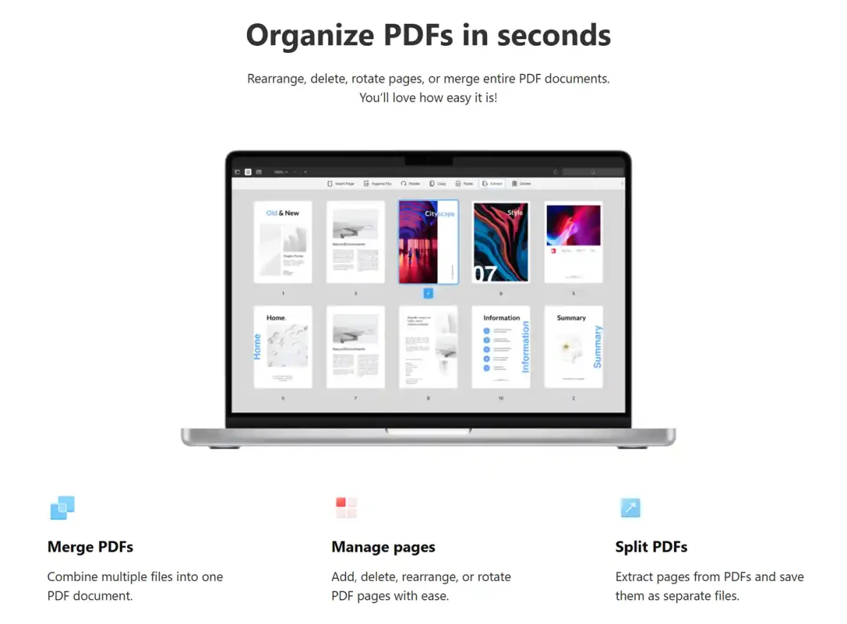 PDF Expert license showing tools to merge, manage, and split PDF pages on a Mac in the Philippines.