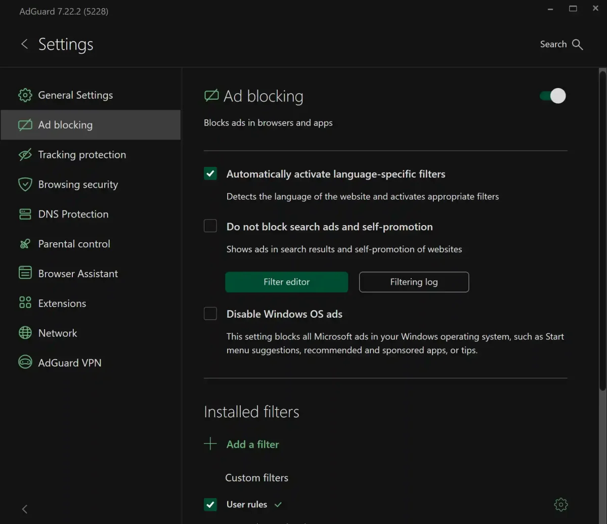 AdGuard Premium license ad blocking settings to block search ads and activate language filters for sale in the Philippines.