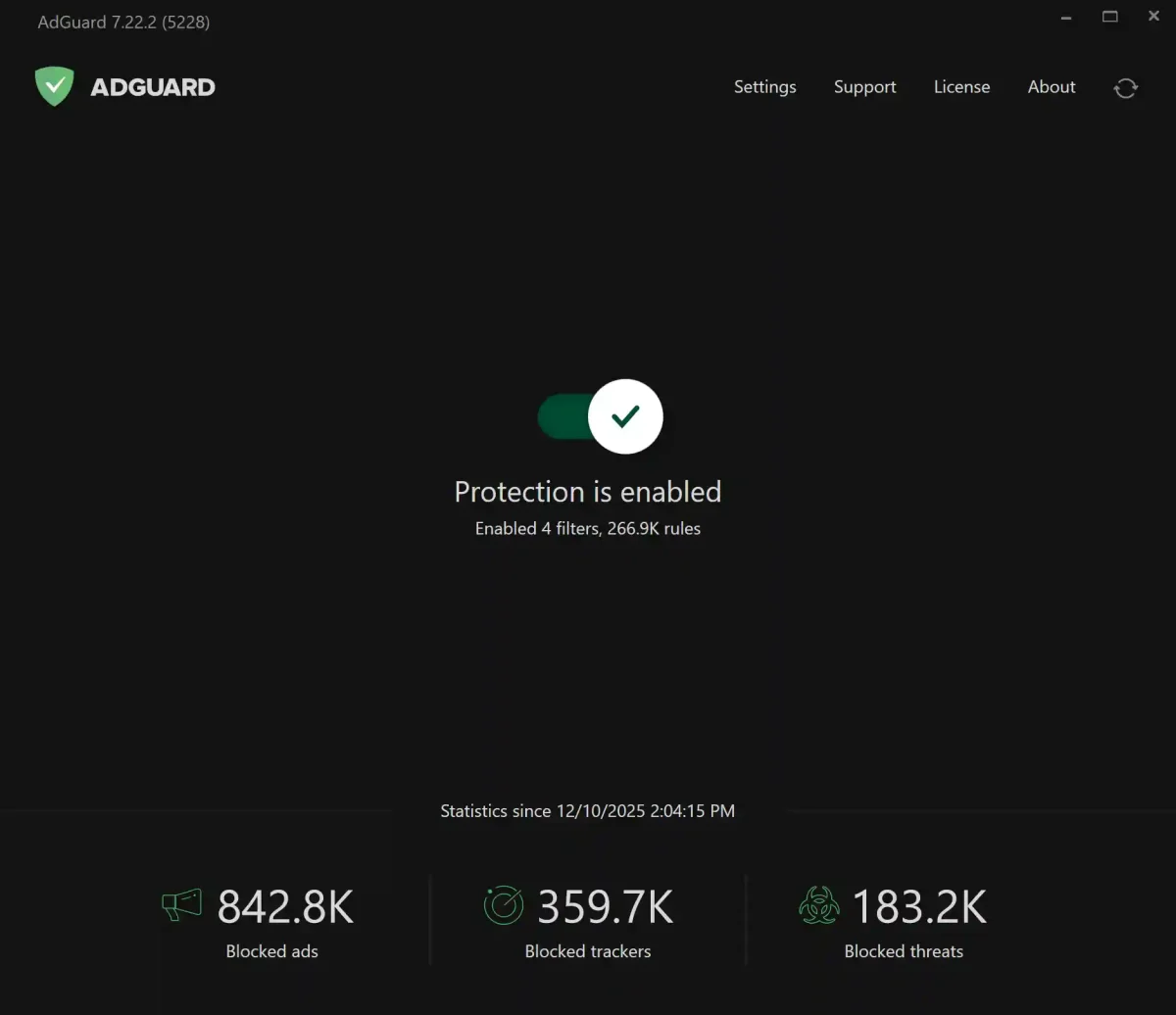 AdGuard Premium license dashboard showing protection enabled and over 800k blocked ads for sale in the Philippines.