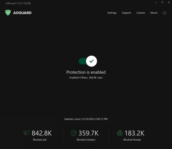 AdGuard Premium license dashboard showing protection enabled and over 800k blocked ads for sale in the Philippines.