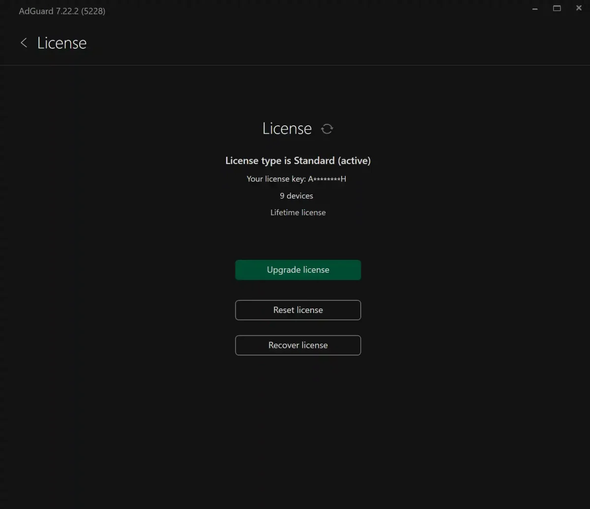 AdGuard Premium license screen showing active lifetime subscription for 9 devices for sale in the Philippines.