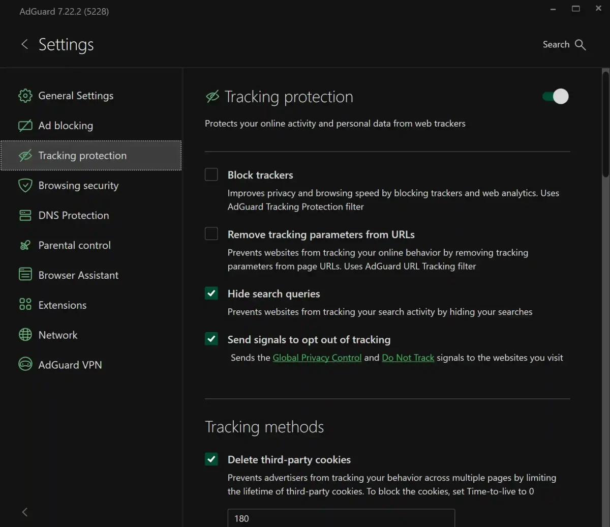 AdGuard Premium license tracking protection settings to hide search queries and block trackers for sale in the Philippines.