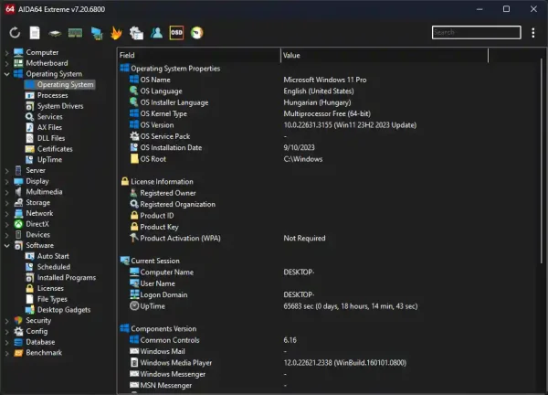 AIDA64 Extreme license user interface showing detailed operating system properties and system summary on Windows 11.