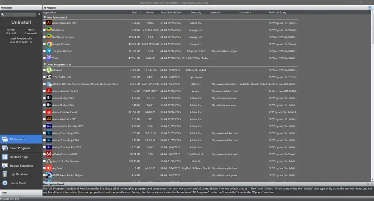 Revo Uninstaller Pro portable license interface listing installed programs with detailed version info.
