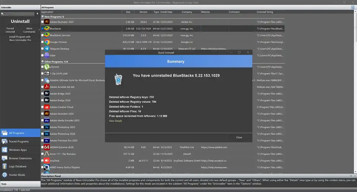 Revo Uninstaller Pro portable license showing hundreds of deleted registry keys and leftover files after uninstalling.