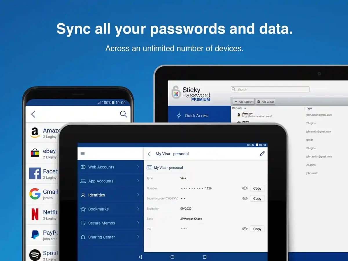 Sticky Password Premium License syncing encrypted data across phone, tablet, and PC for unlimited devices.
