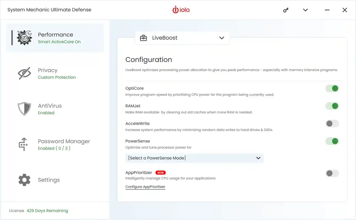 System Mechanic Ultimate Defense License LiveBoost screen showing OptiCore and RAMJet settings for real-time PC optimization.