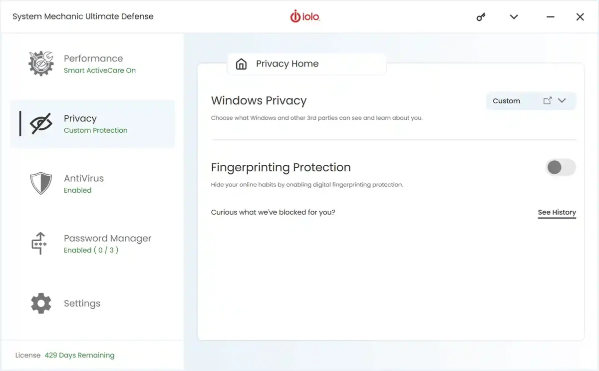 System Mechanic Ultimate Defense License showing Windows Privacy and Fingerprinting Protection settings in the Philippines.