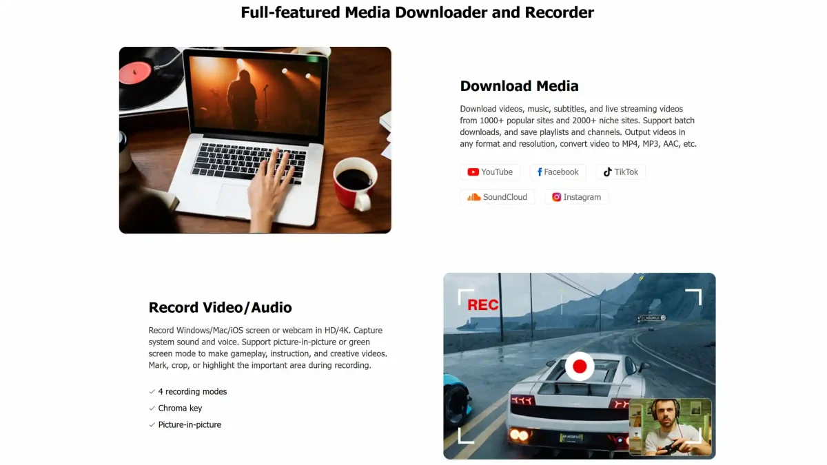 VideoProc Converter AI license tool to download media from 1000+ sites and record screen or webcam in 4K with chroma key.