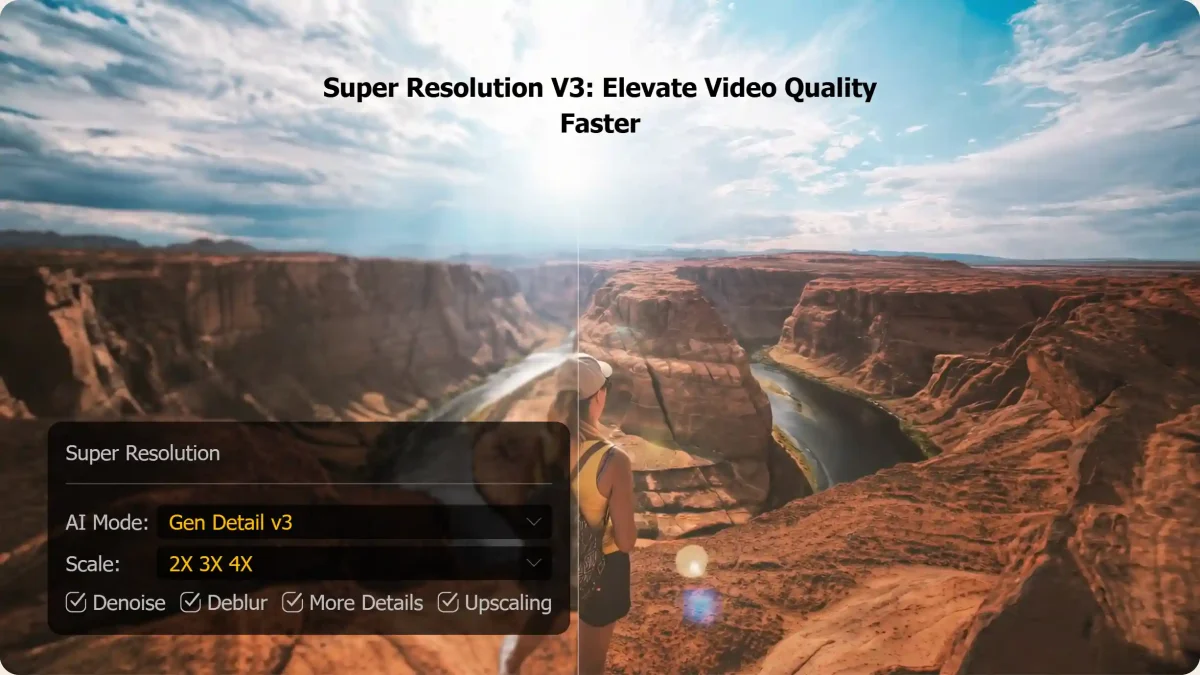 VideoProc Converter AI license tool to upscale video quality to 4K using Super Resolution V3 and Gen Detail AI.