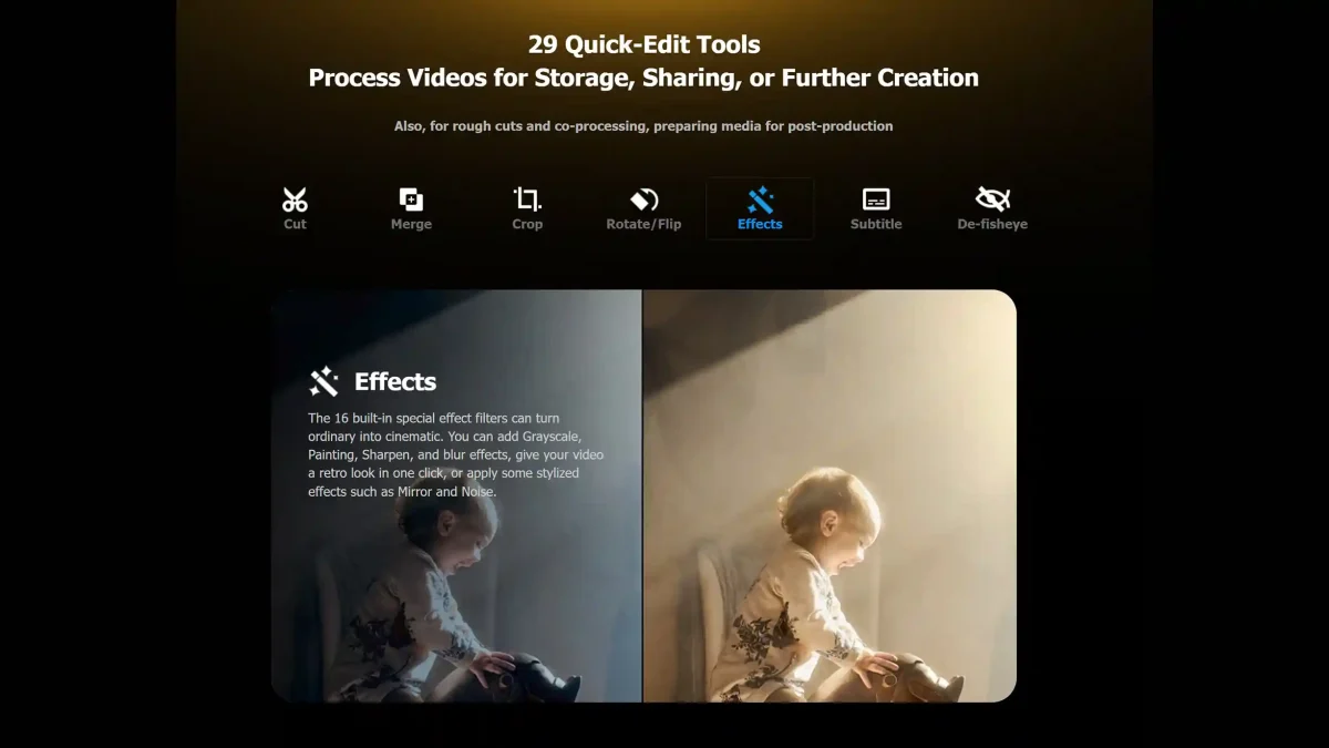 VideoProc Converter AI license video editing tools with 29 features to cut, crop, merge, and apply cinematic effects.